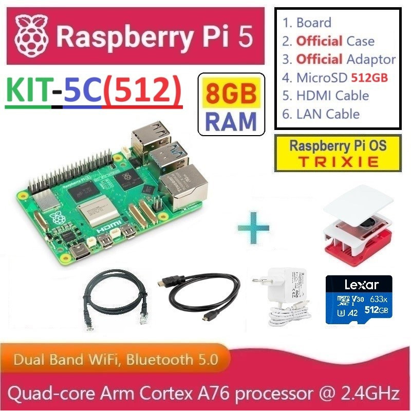 KIT-5C(512)  Raspberry Pi 5 (8GB RAM) - Complete SET (MicroSD 512GB) Network Attached Storage (NAS)